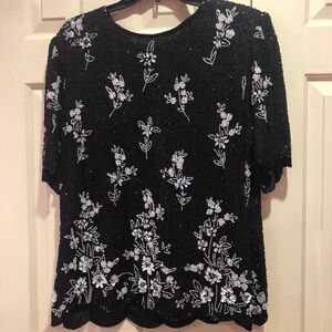 Silk Laurence Kazar New York Floral Beaded Evening Top Black White Lined Size 1X